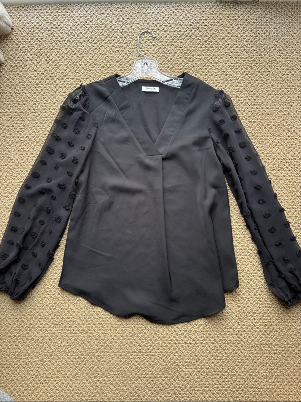Black Textured-Sleeve V-Neck Blouse - Women’s Top